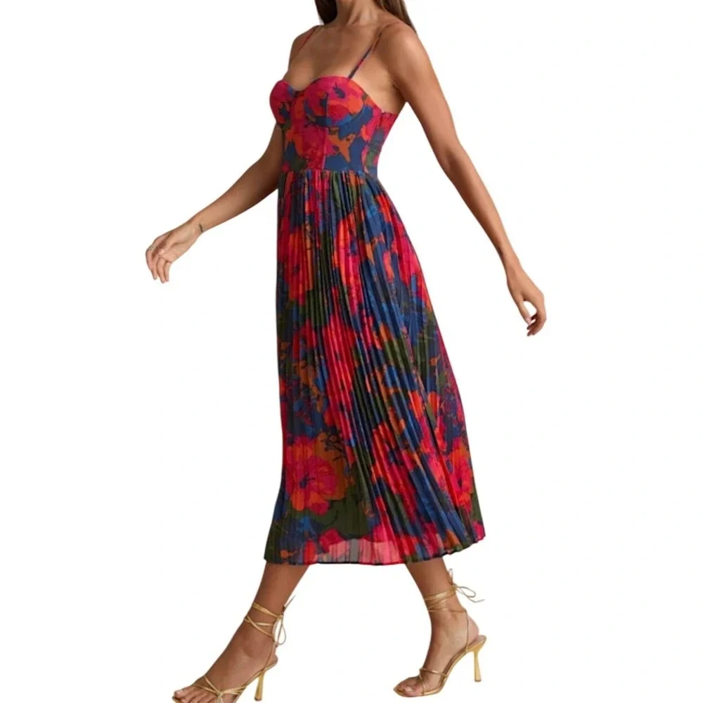 NWT Lulus Dorothy Dark Blue Pink Multi Floral Print Pleated Midi Dress S Bustier